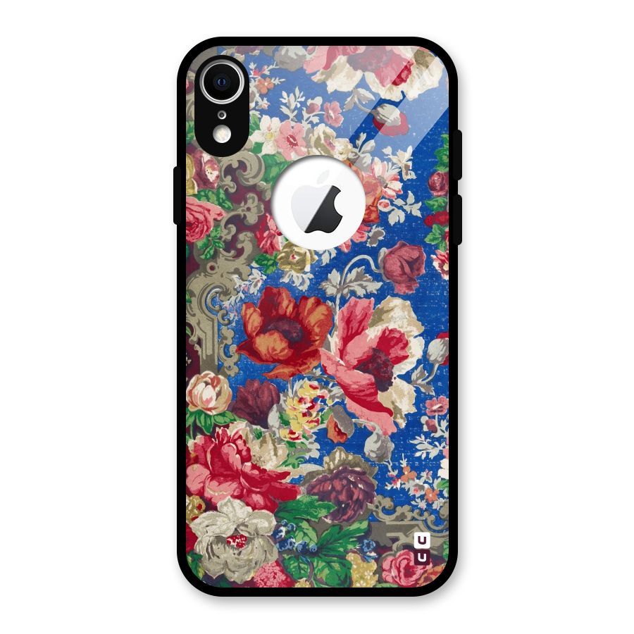 Block Printed Flowers Glass Back Case for iPhone XR Logo Cut
