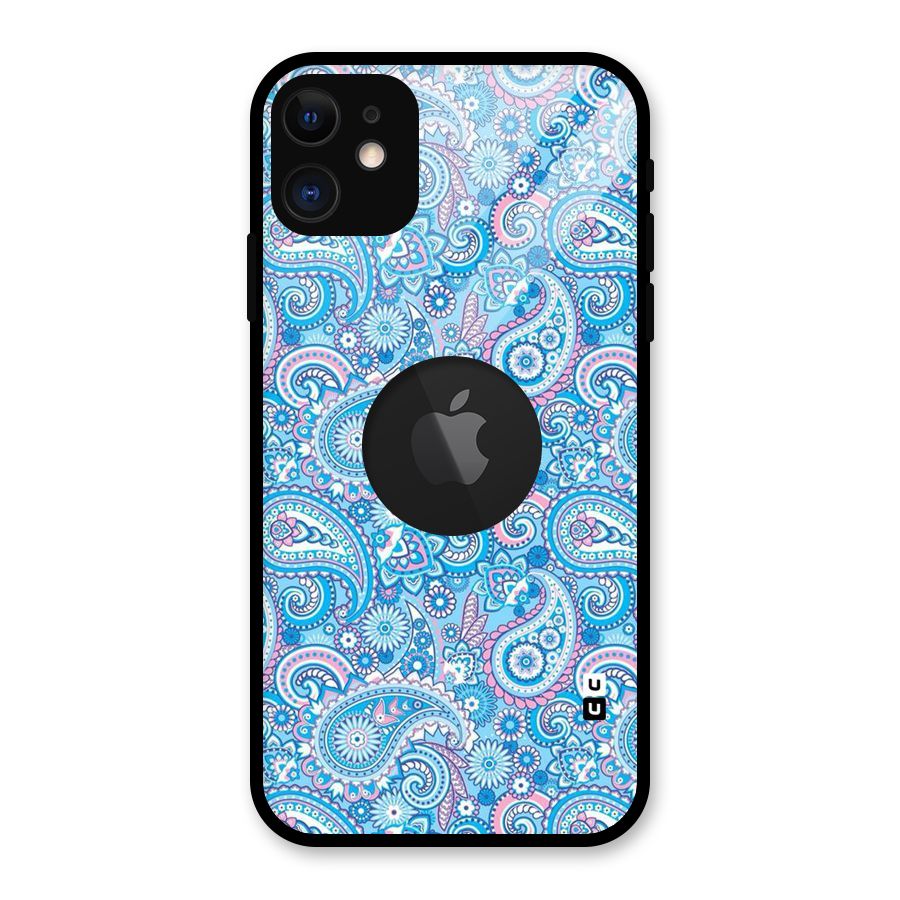 Blue Block Pattern Glass Back Case for iPhone 11 Logo Cut