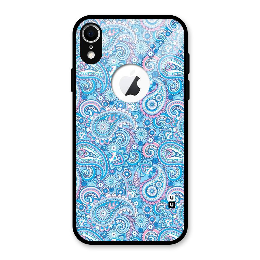 Blue Block Pattern Glass Back Case for iPhone XR Logo Cut