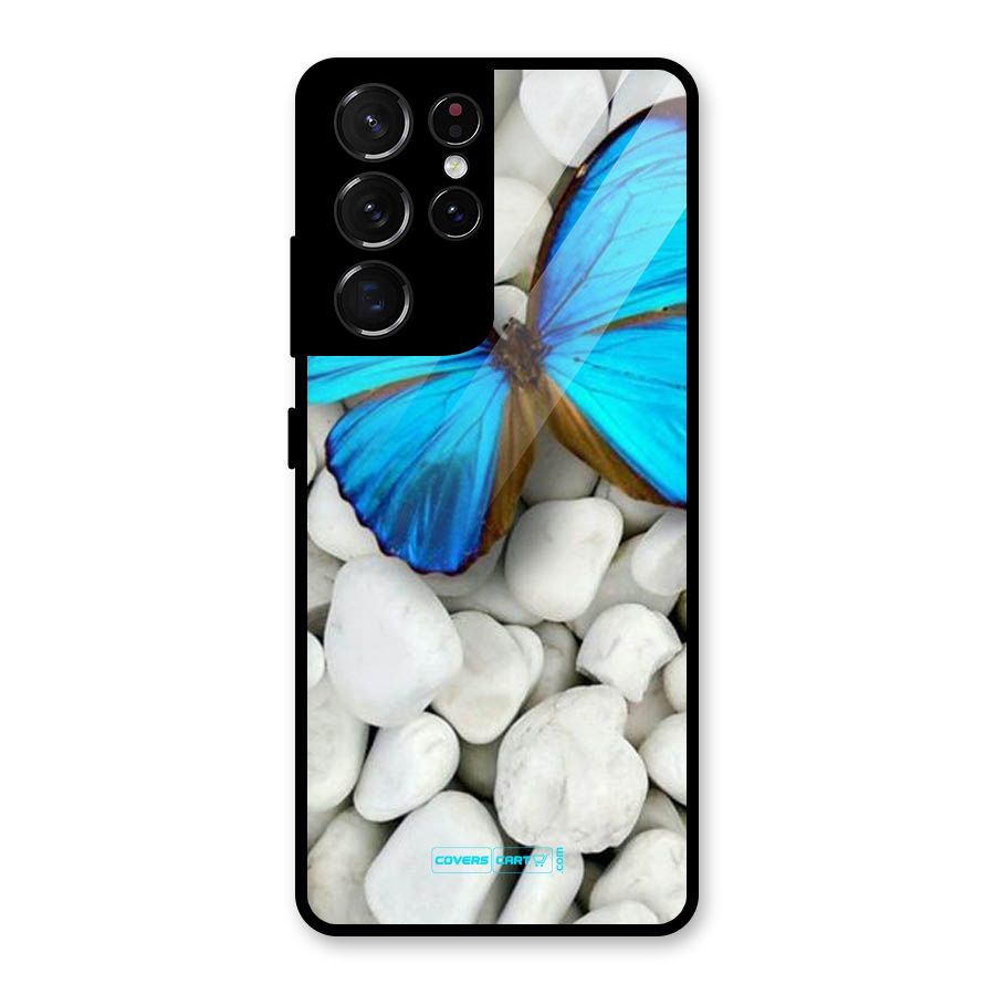 Blue Butterfly Glass Back Case for Galaxy S21 Ultra 5G
