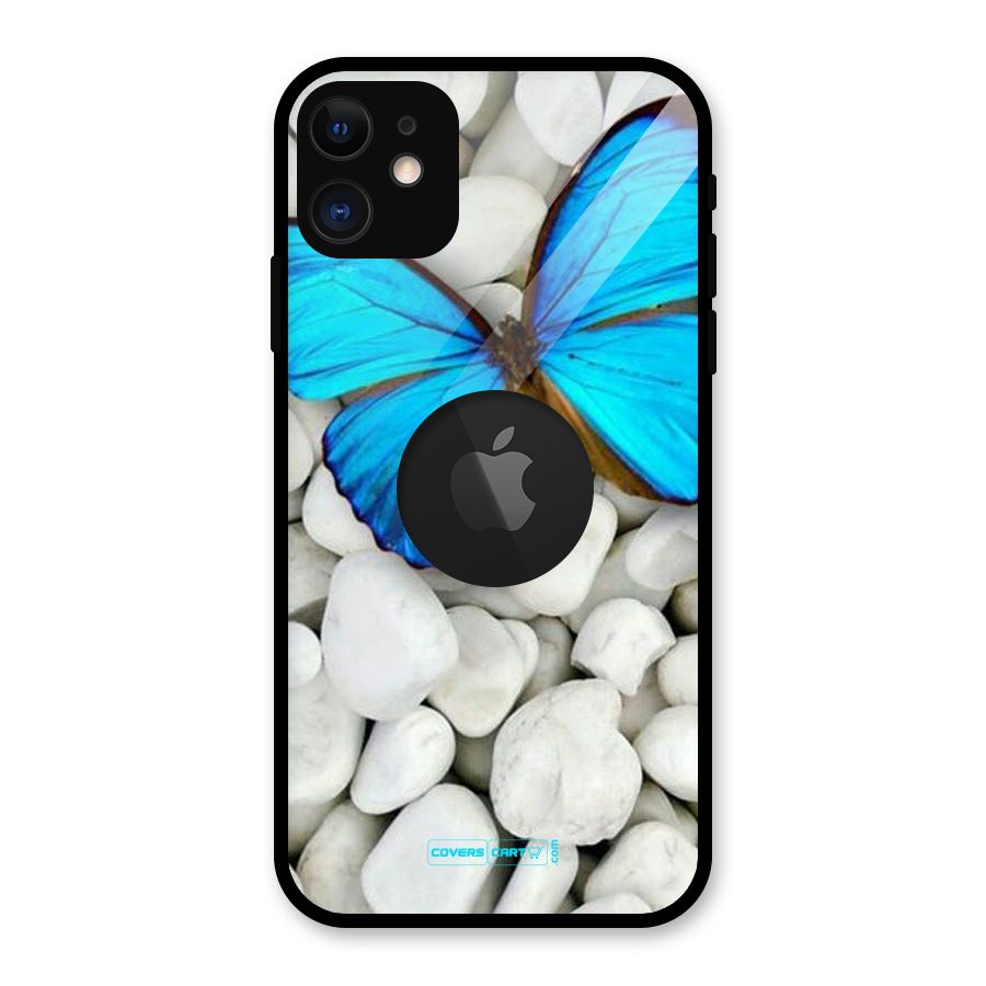 Blue Butterfly Glass Back Case for iPhone 11 Logo Cut