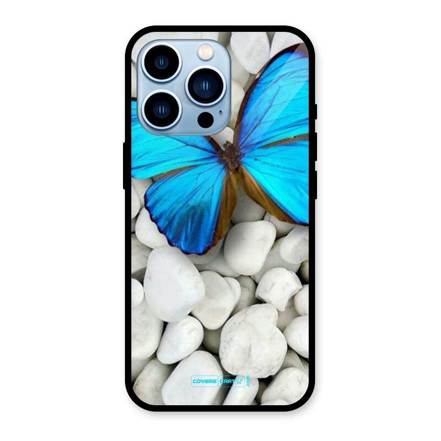 Blue Butterfly Glass Back Case for iPhone 13 Pro
