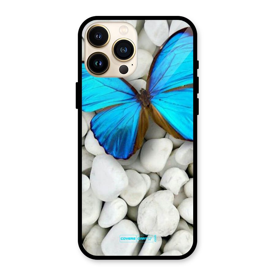 Blue Butterfly Glass Back Case for iPhone 13 Pro Max