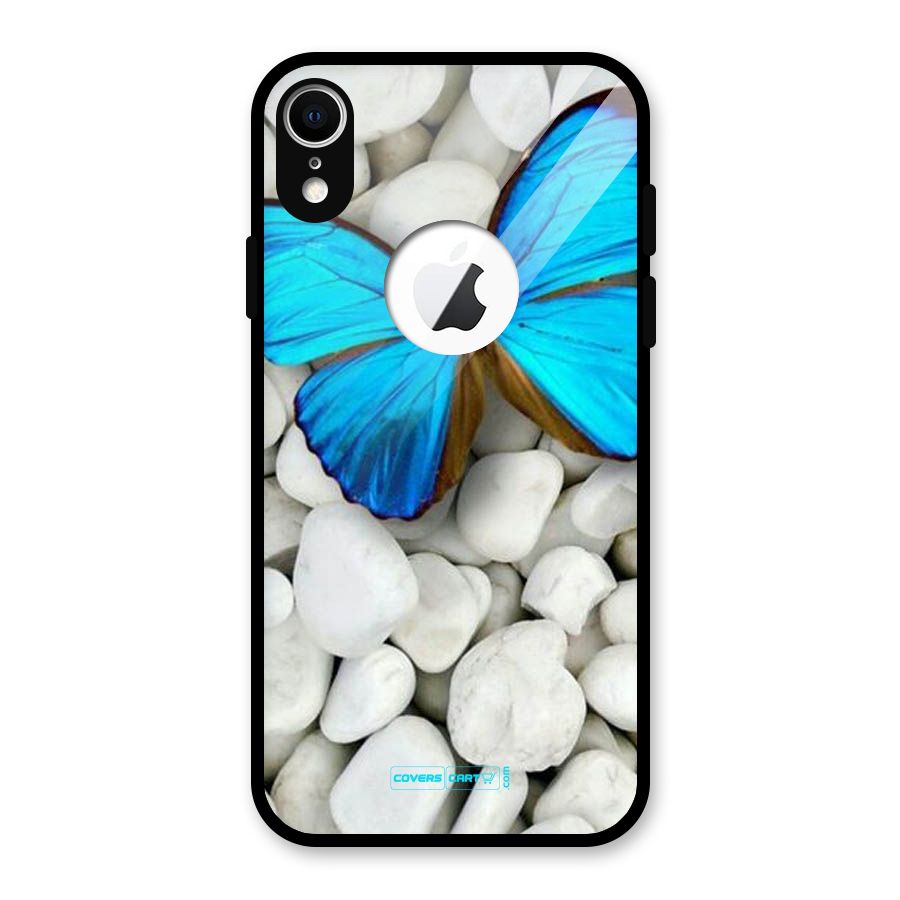 Blue Butterfly Glass Back Case for iPhone XR Logo Cut