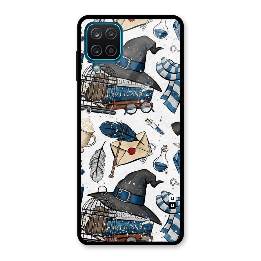Blue Feather Hat Design Glass Back Case for Galaxy A12
