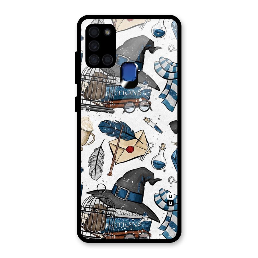 Blue Feather Hat Design Glass Back Case for Galaxy A21s