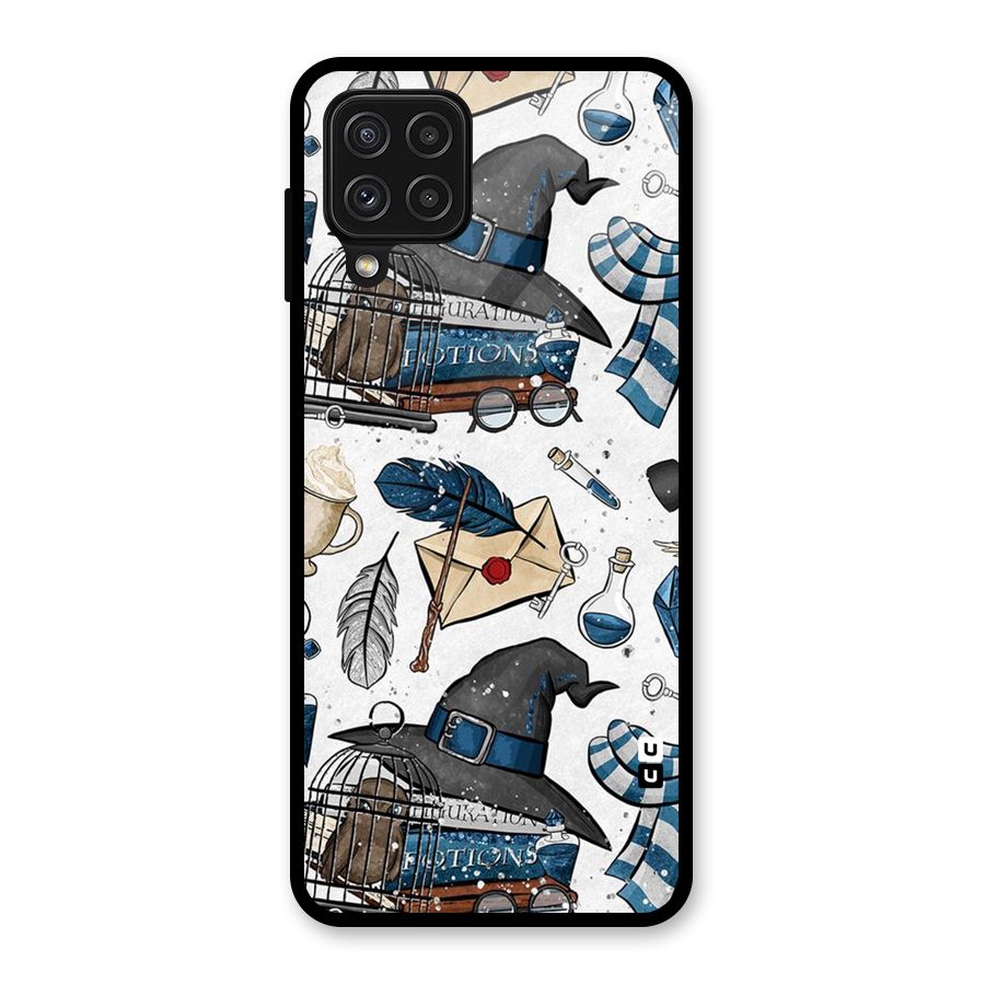 Blue Feather Hat Design Glass Back Case for Galaxy A22 4G