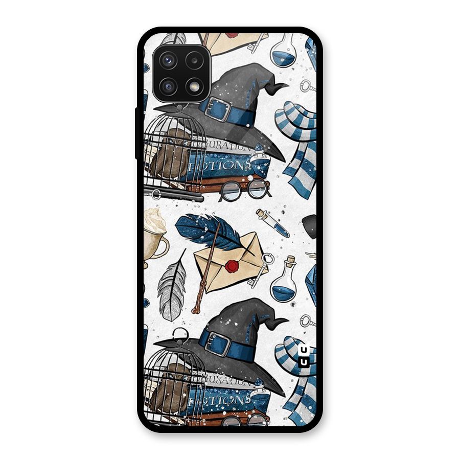 Blue Feather Hat Design Glass Back Case for Galaxy A22 5G