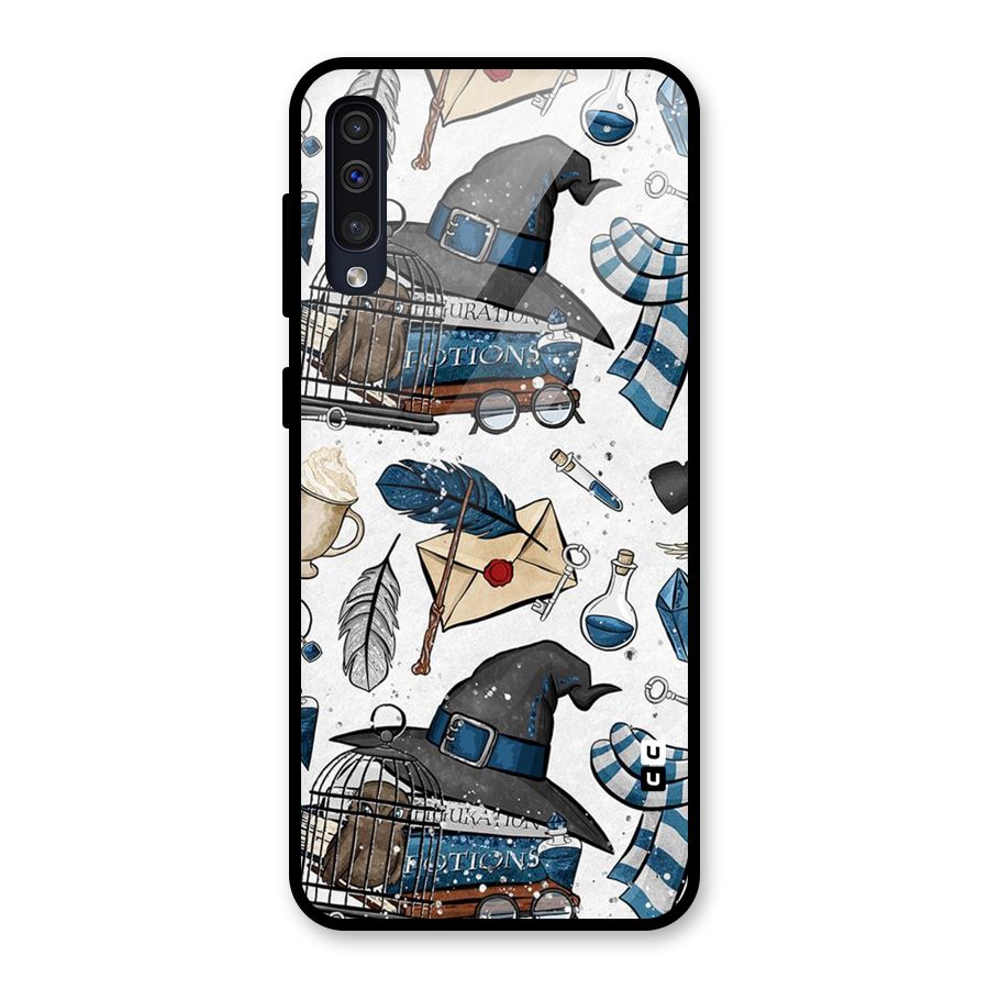 Blue Feather Hat Design Glass Back Case for Galaxy A50