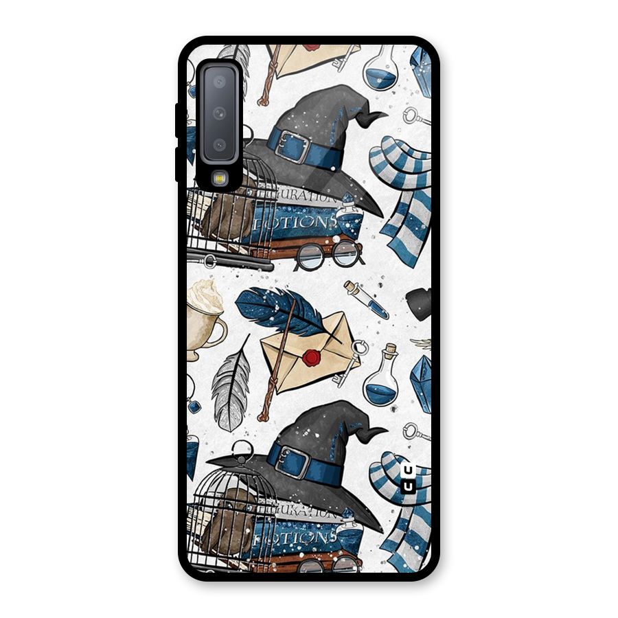 Blue Feather Hat Design Glass Back Case for Galaxy A7 (2018)