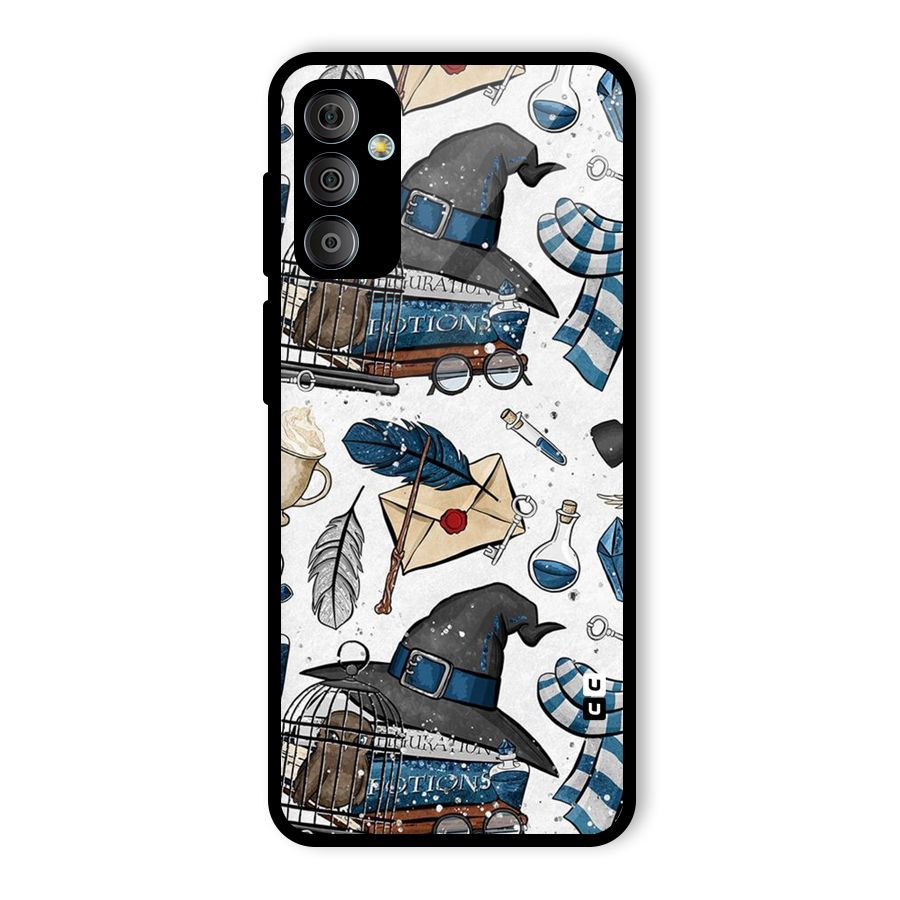 Blue Feather Hat Design Glass Back Case for Galaxy F23