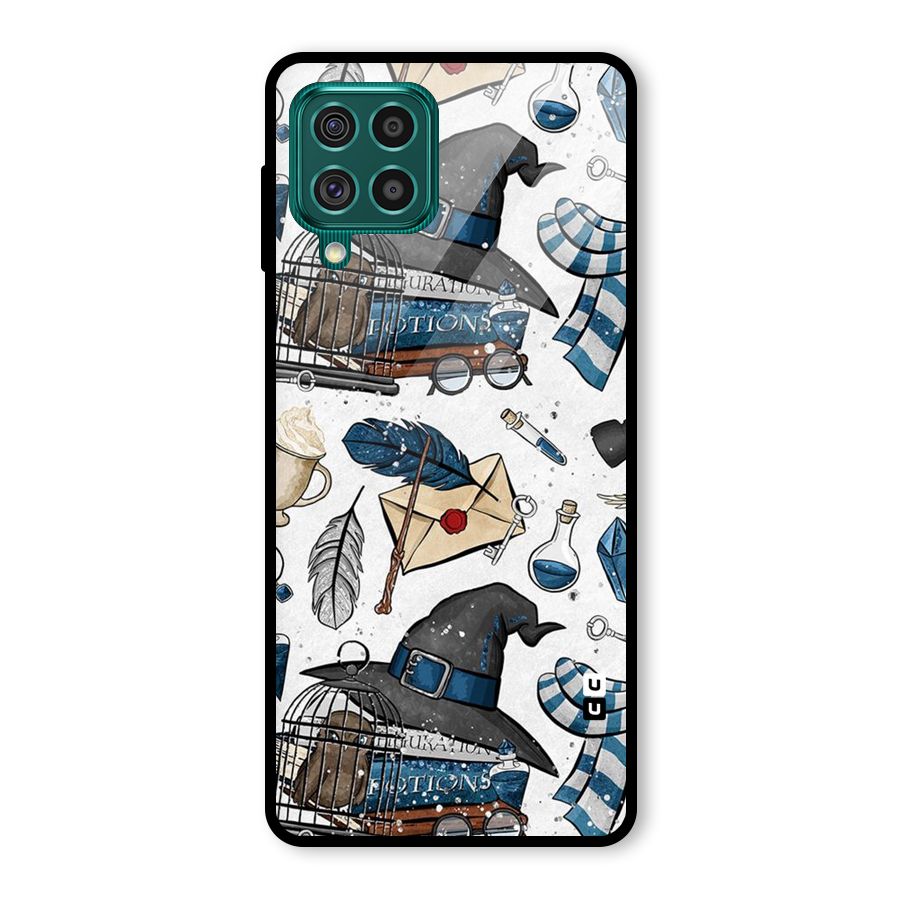 Blue Feather Hat Design Glass Back Case for Galaxy F62