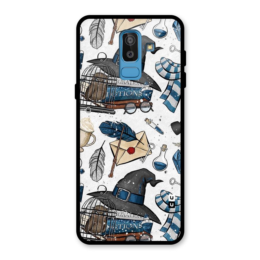 Blue Feather Hat Design Glass Back Case for Galaxy J8