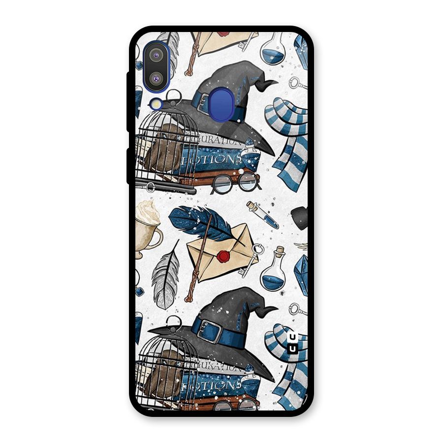 Blue Feather Hat Design Glass Back Case for Galaxy M20
