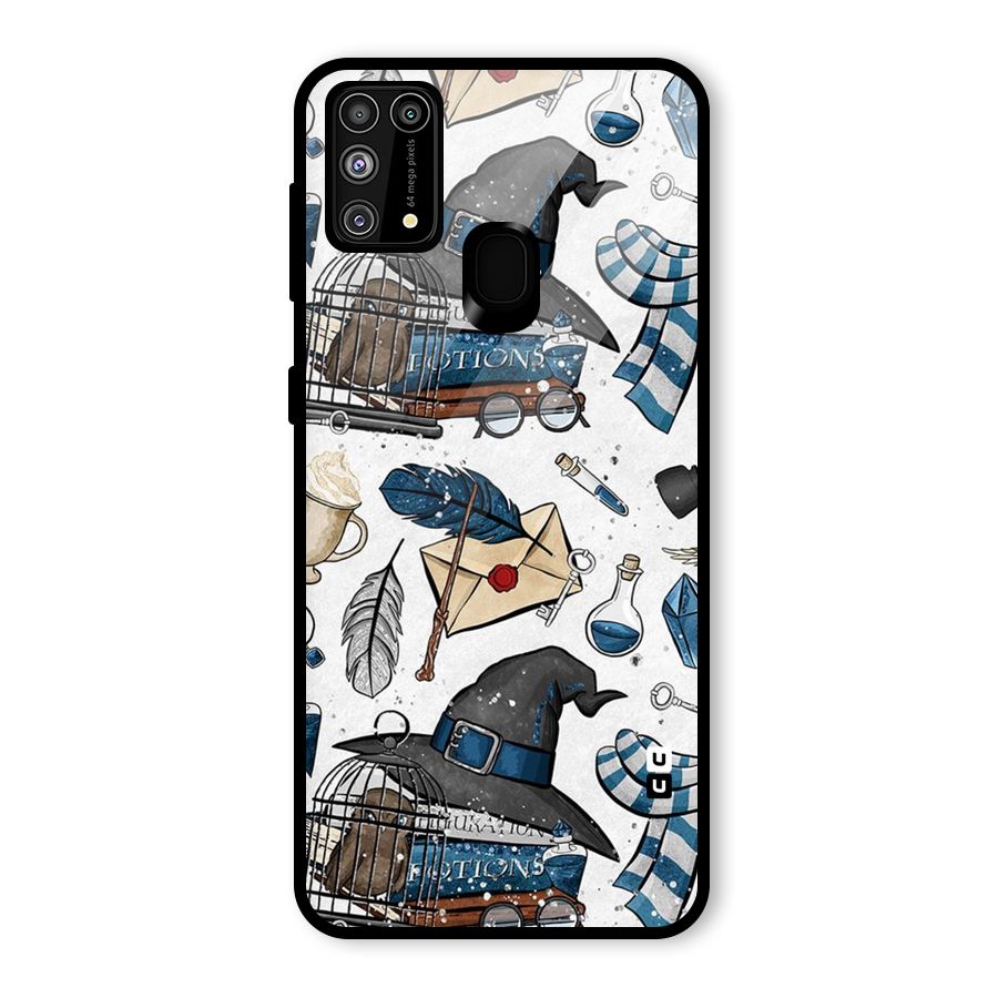 Blue Feather Hat Design Glass Back Case for Galaxy M31