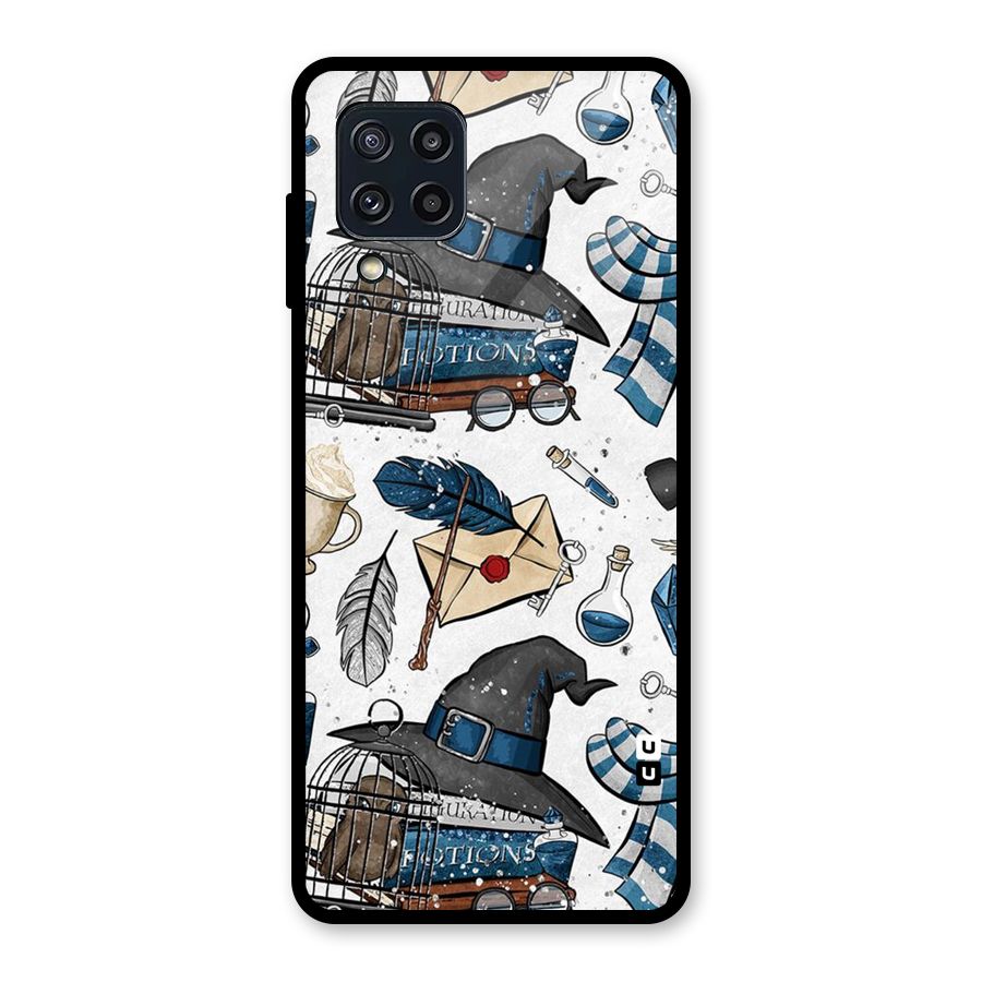 Blue Feather Hat Design Glass Back Case for Galaxy M32
