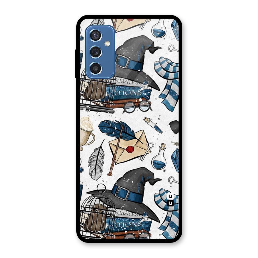 Blue Feather Hat Design Glass Back Case for Galaxy M52 5G