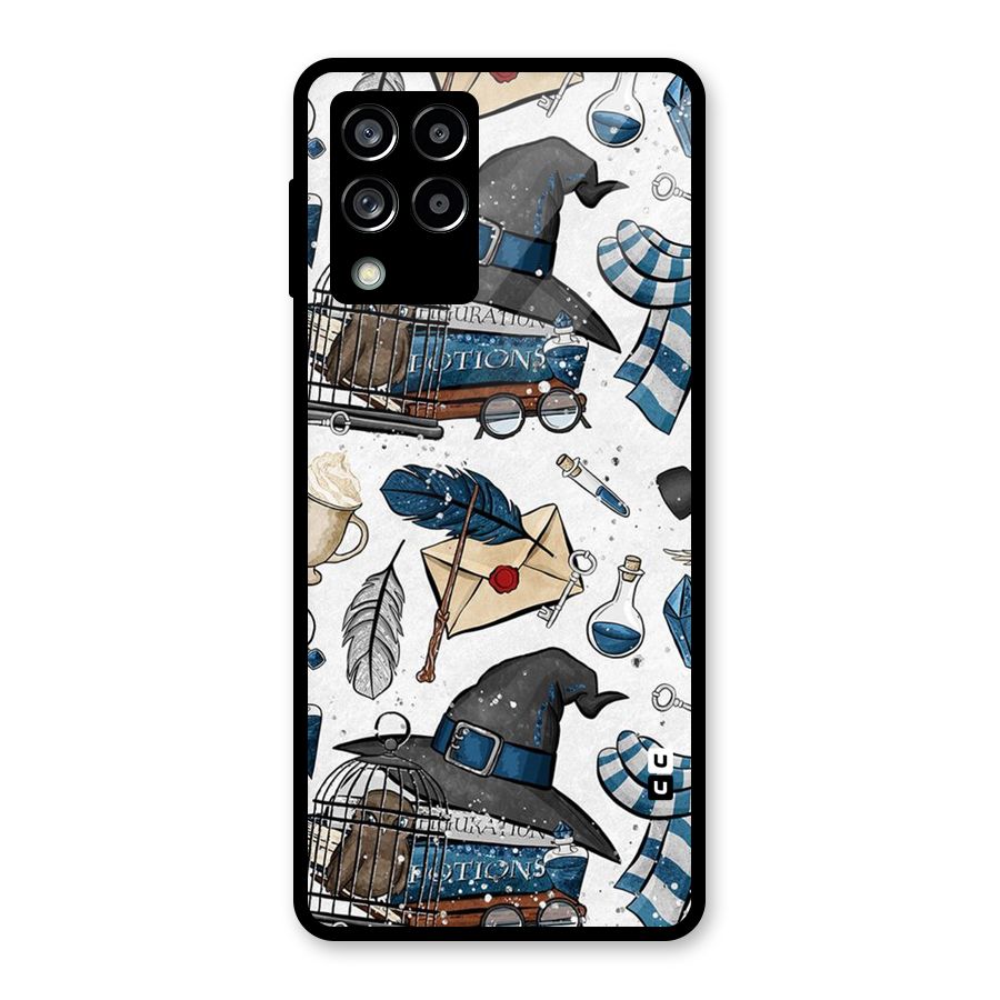 Blue Feather Hat Design Glass Back Case for Galaxy M53 5G
