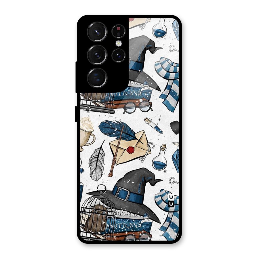 Blue Feather Hat Design Glass Back Case for Galaxy S21 Ultra 5G