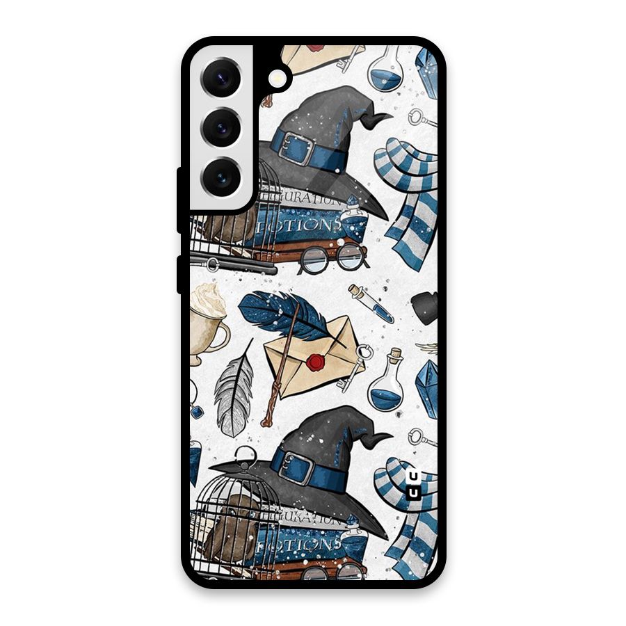 Blue Feather Hat Design Glass Back Case for Galaxy S22 Plus 5G