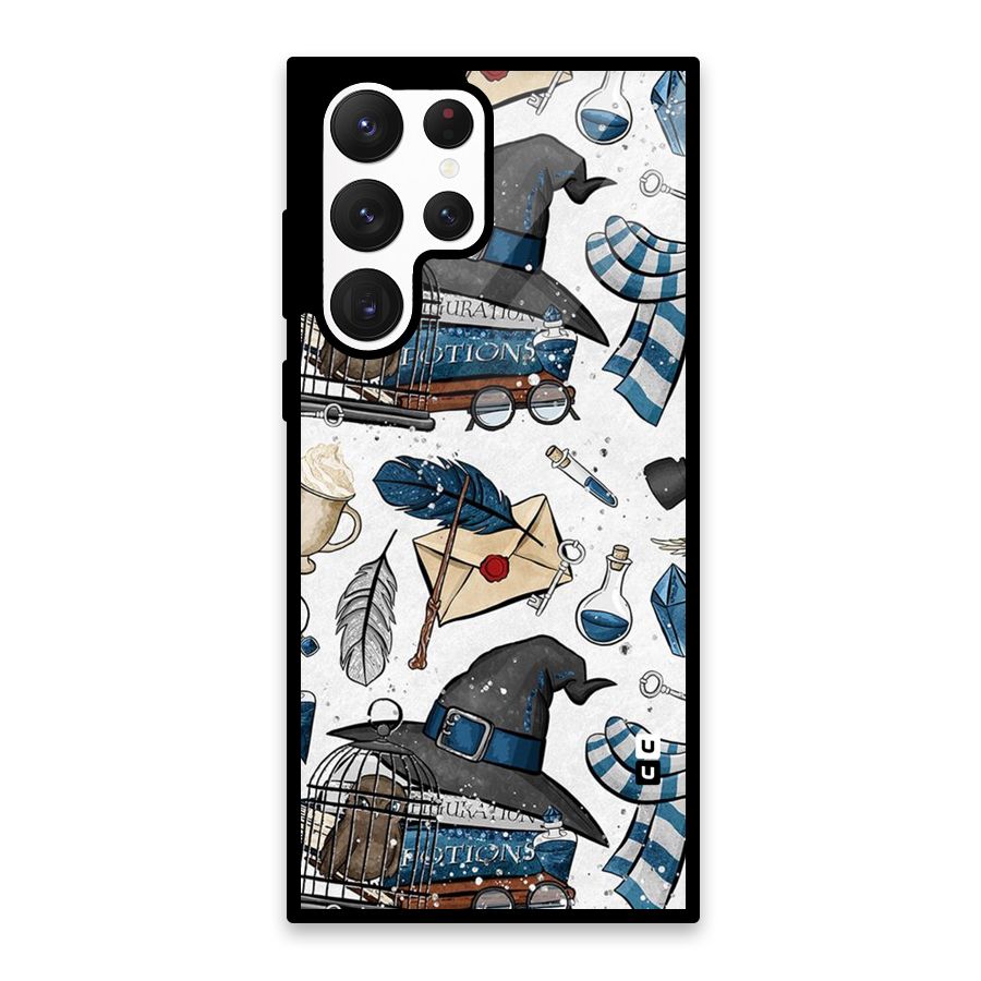 Blue Feather Hat Design Glass Back Case for Galaxy S22 Ultra 5G