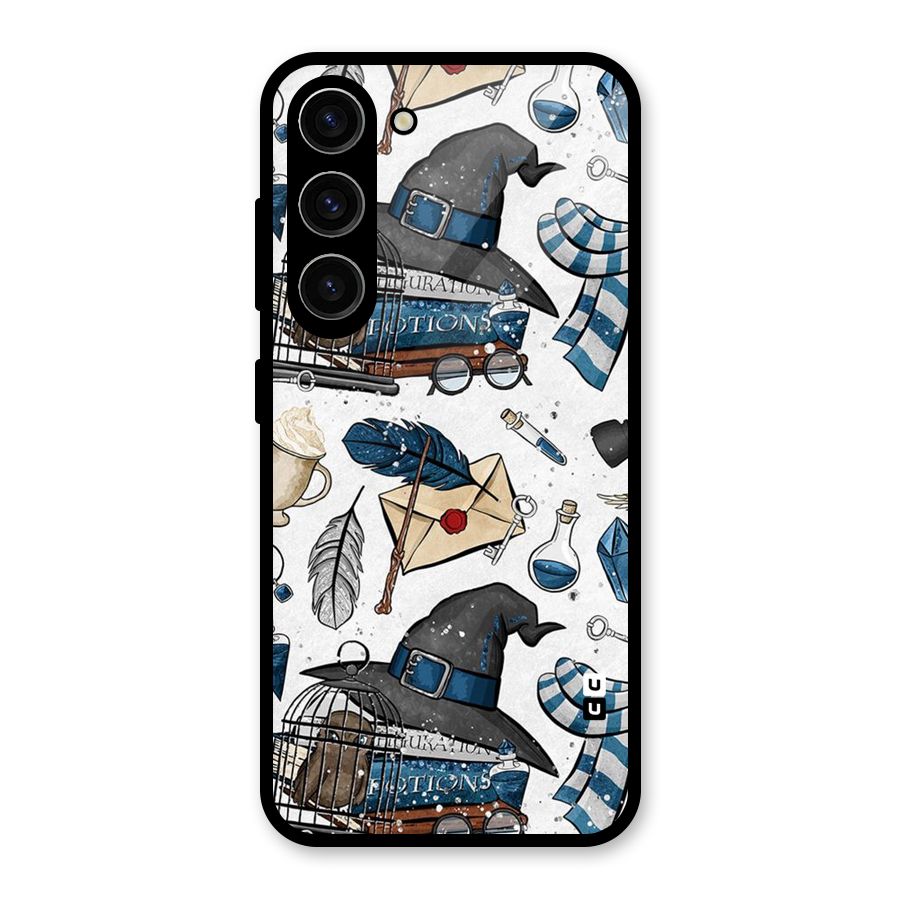 Blue Feather Hat Design Glass Back Case for Galaxy S23