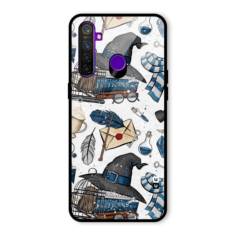 Blue Feather Hat Design Glass Back Case for Realme 5 Pro
