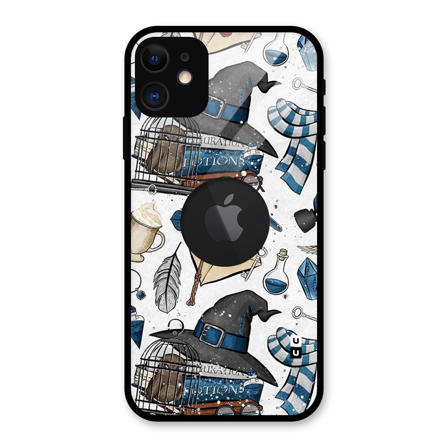 Blue Feather Hat Design Glass Back Case for iPhone 11 Logo Cut