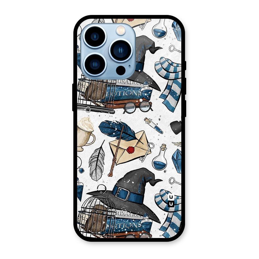 Blue Feather Hat Design Glass Back Case for iPhone 13 Pro