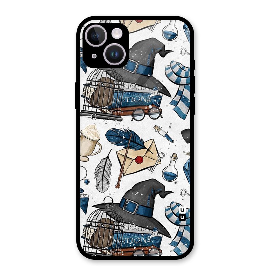 Blue Feather Hat Design Glass Back Case for iPhone 14 Plus