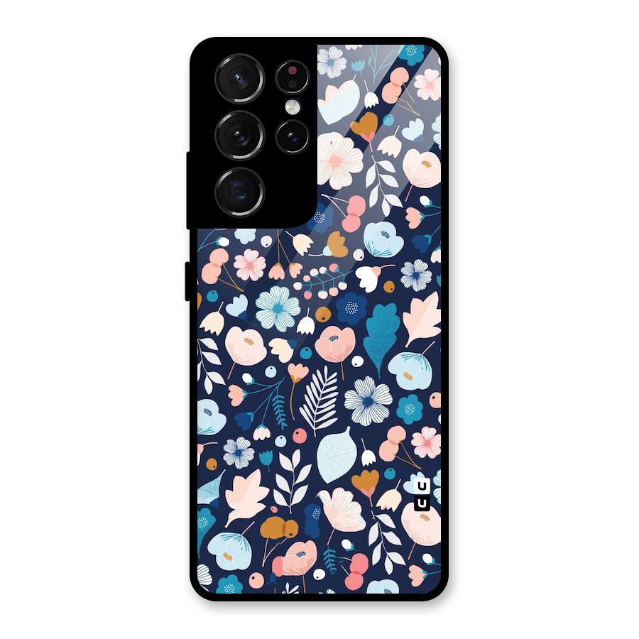 Blue Floral Glass Back Case for Galaxy S21 Ultra 5G