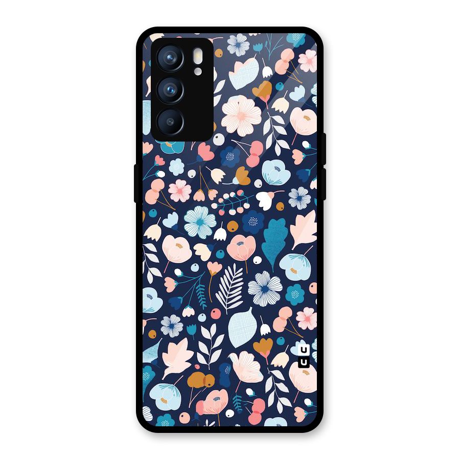 Blue Floral Glass Back Case for Oppo Reno6 5G