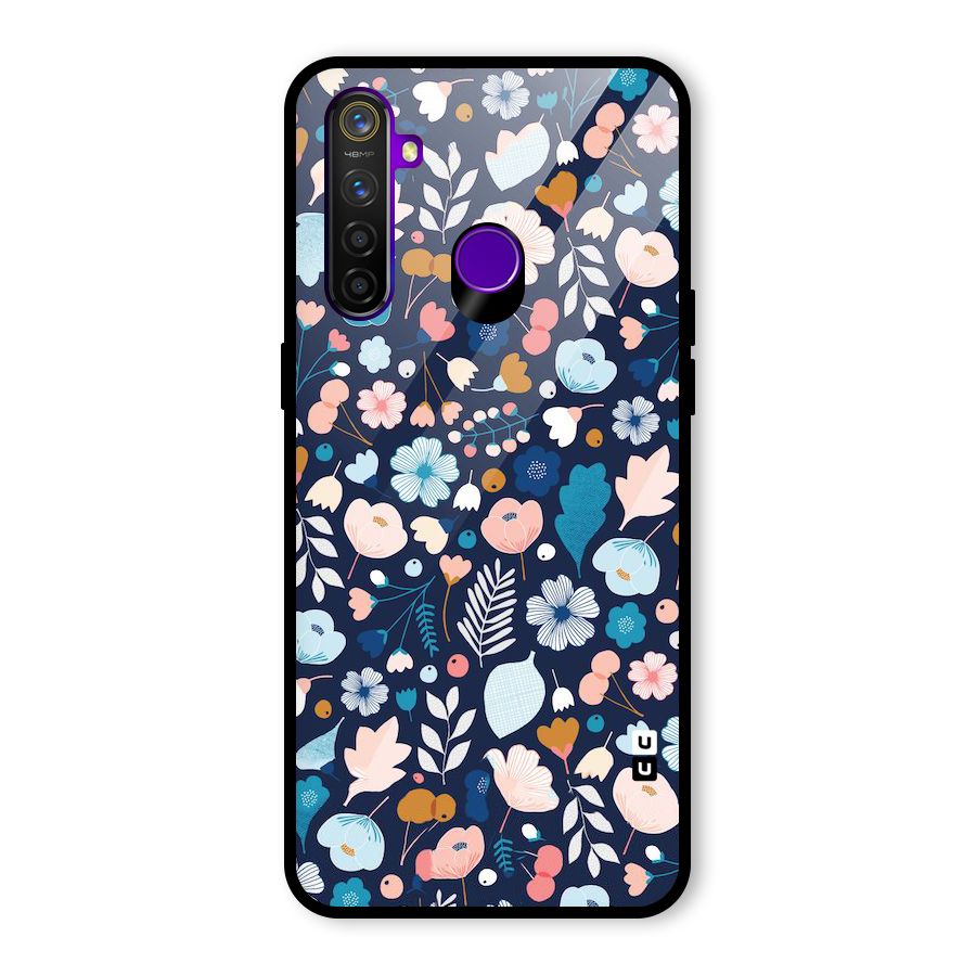 Blue Floral Glass Back Case for Realme 5 Pro
