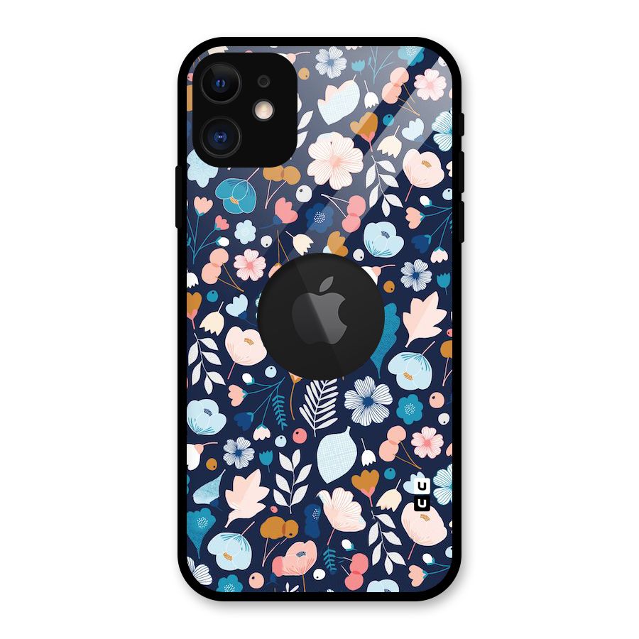 Blue Floral Glass Back Case for iPhone 11 Logo Cut