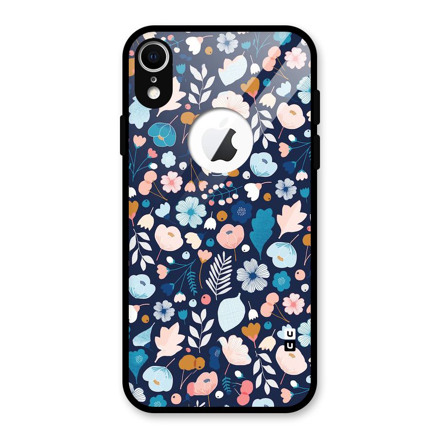 Blue Floral Glass Back Case for iPhone XR Logo Cut