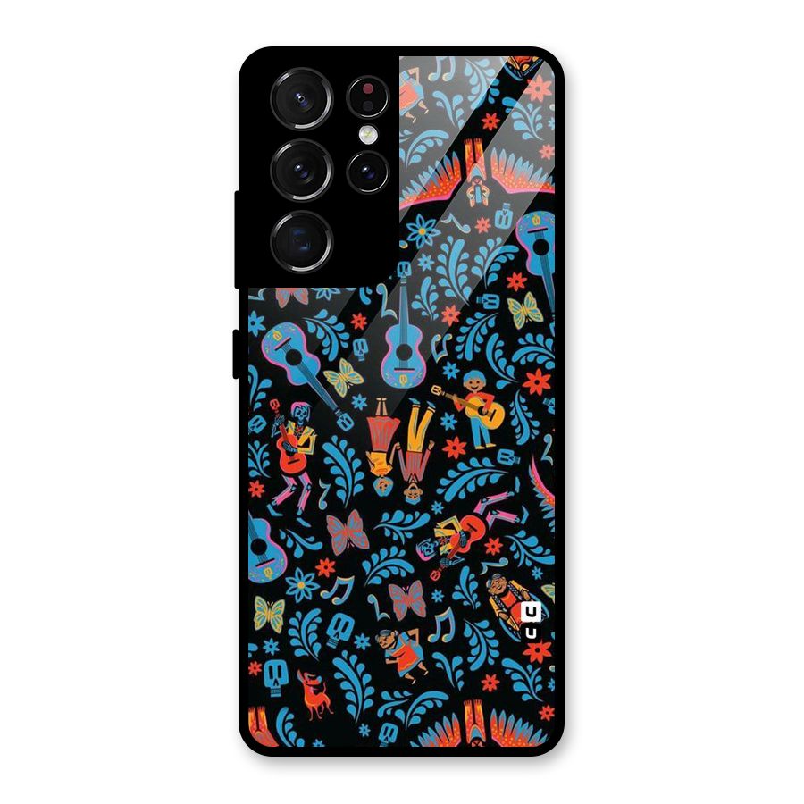 Blue Guitar Pattern Glass Back Case for Galaxy S21 Ultra 5G