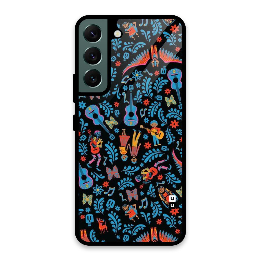 Blue Guitar Pattern Glass Back Case for Galaxy S22 5G