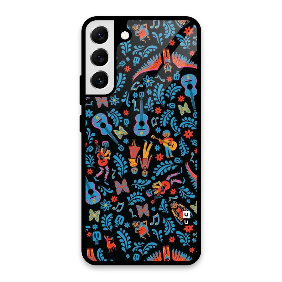 Blue Guitar Pattern Glass Back Case for Galaxy S22 Plus 5G