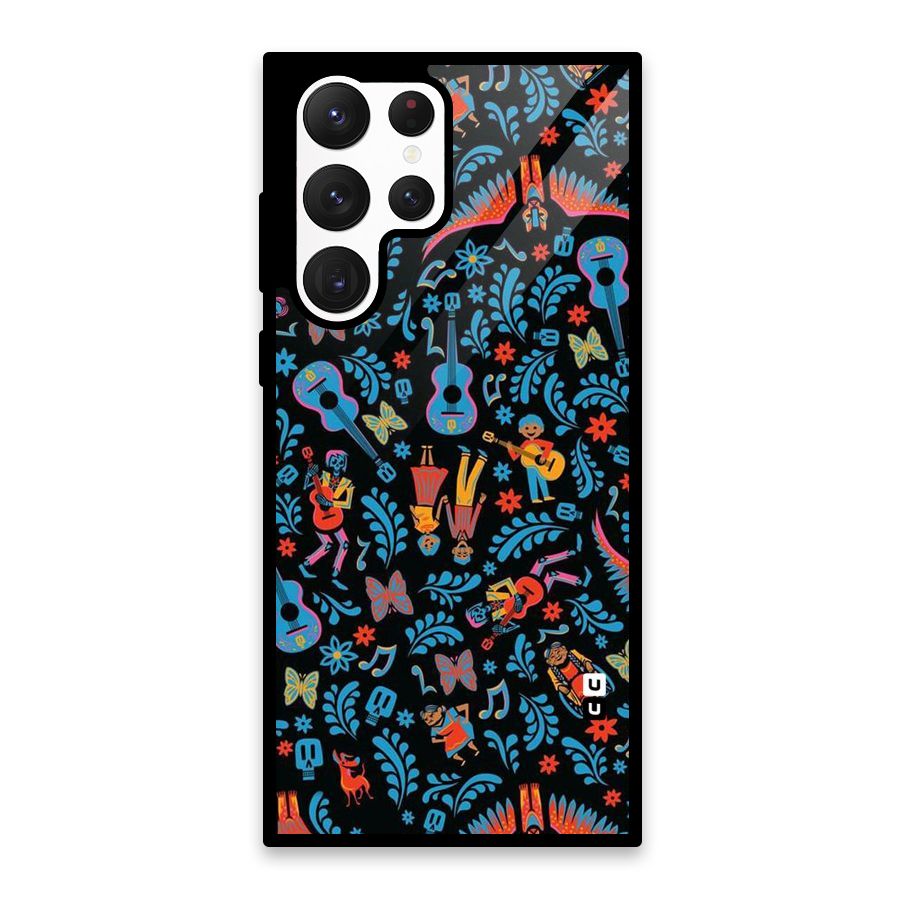 Blue Guitar Pattern Glass Back Case for Galaxy S22 Ultra 5G