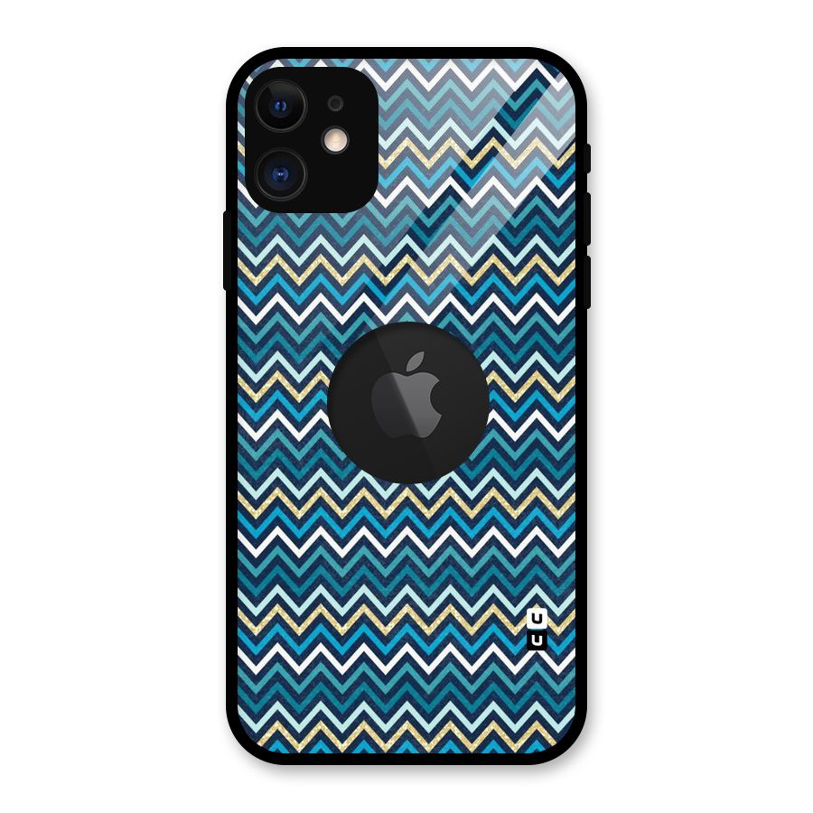 Blue Shades Chevron Pattern Glass Back Case for iPhone 11 Logo Cut