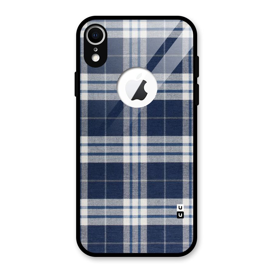 Blue White Check Glass Back Case for iPhone XR Logo Cut