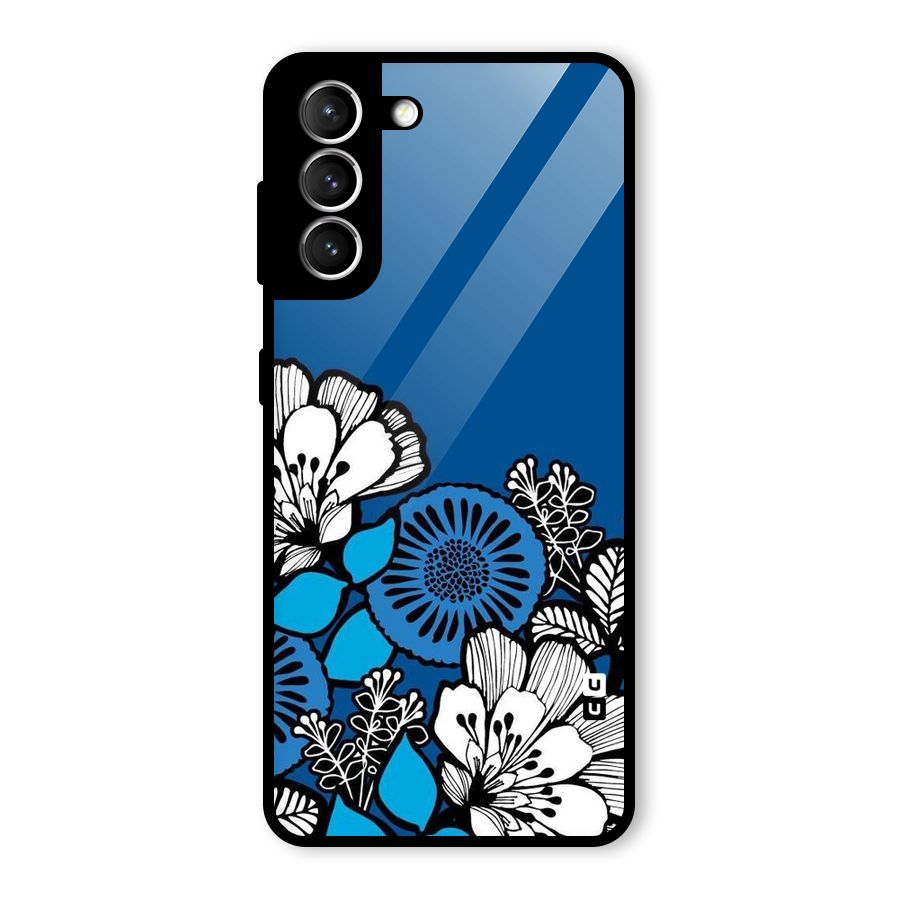 Blue White Flowers Glass Back Case for Galaxy S21 5G