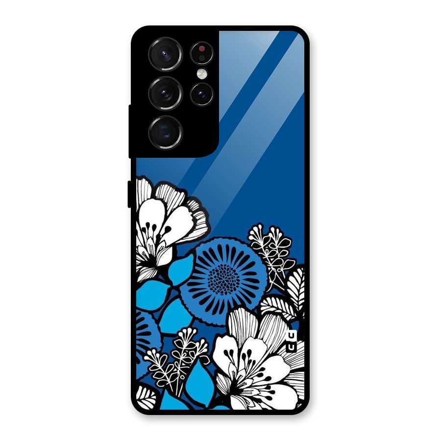 Blue White Flowers Glass Back Case for Galaxy S21 Ultra 5G