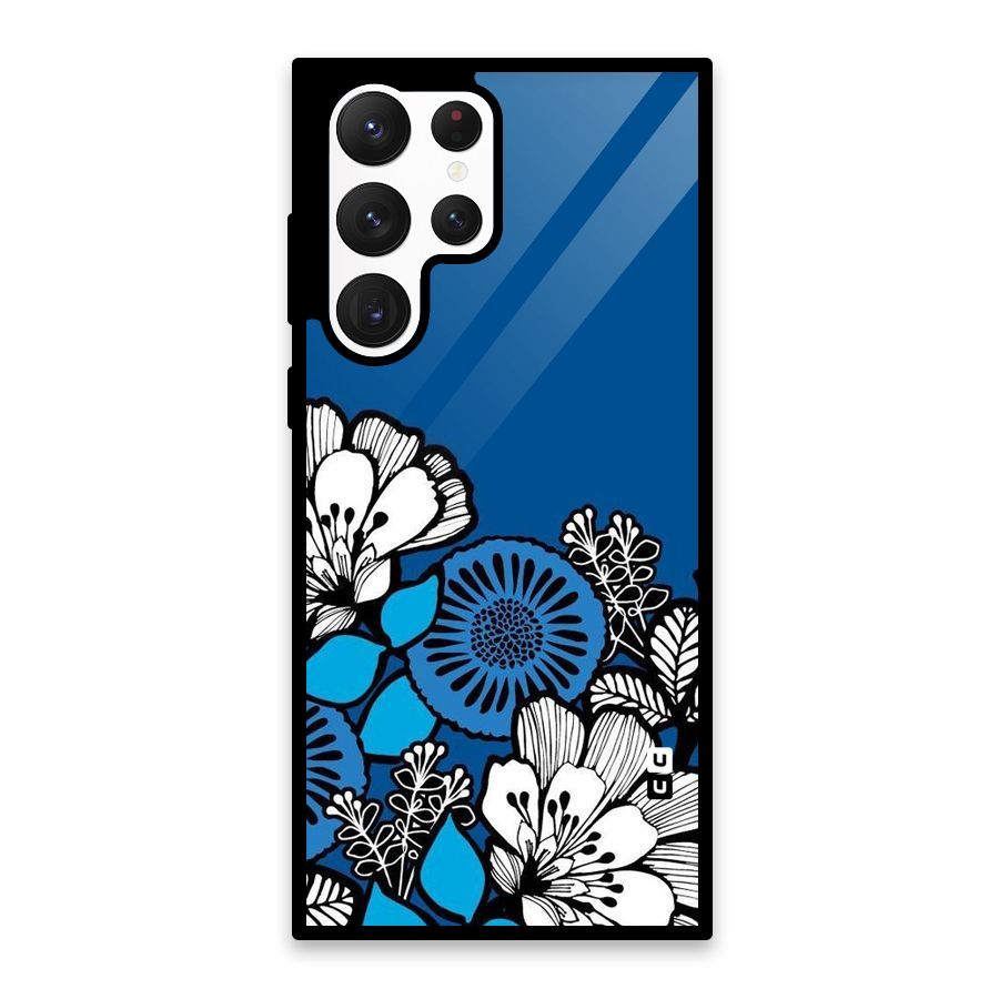 Blue White Flowers Glass Back Case for Galaxy S22 Ultra 5G