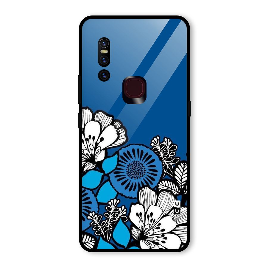 Blue White Flowers Glass Back Case for Vivo V15