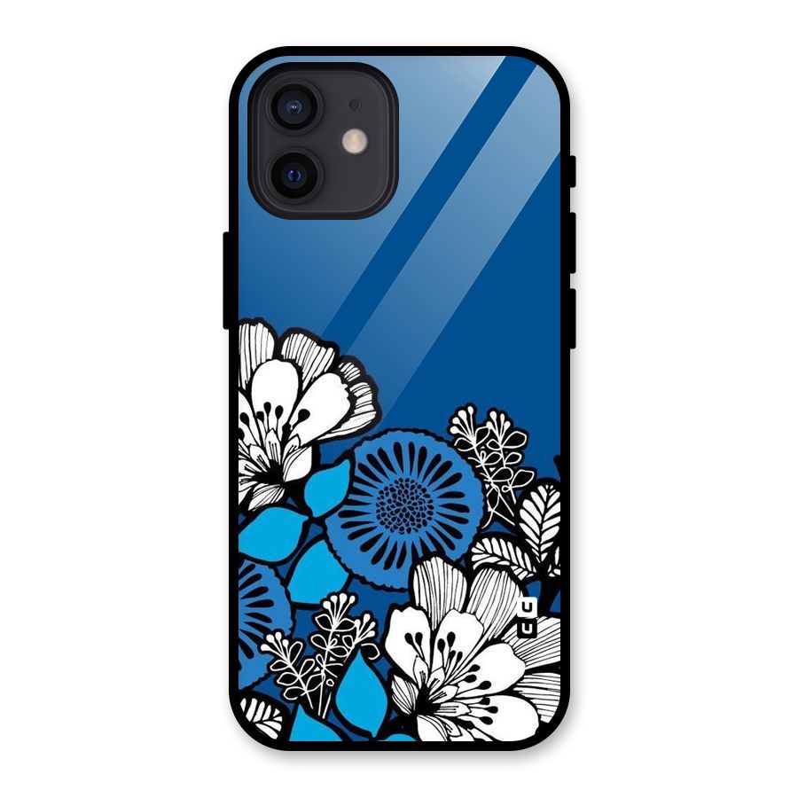 Blue White Flowers Glass Back Case for iPhone 12