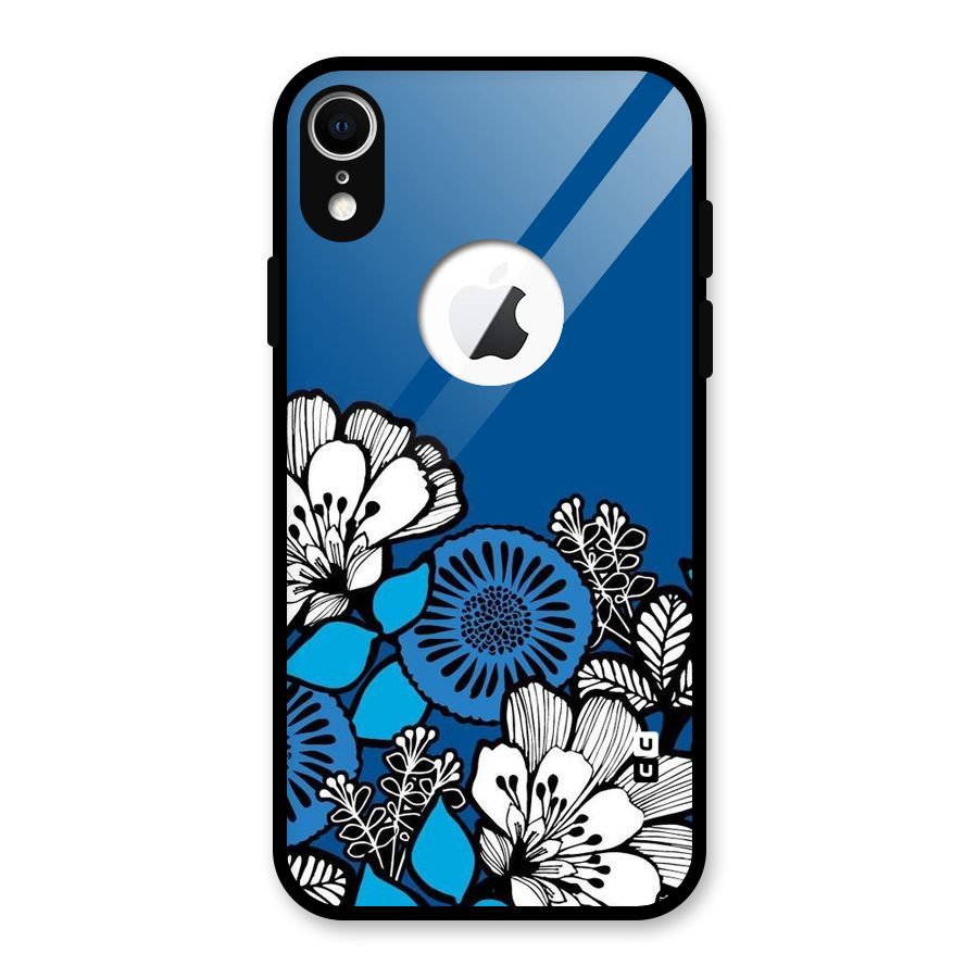 Blue White Flowers Glass Back Case for iPhone XR Logo Cut