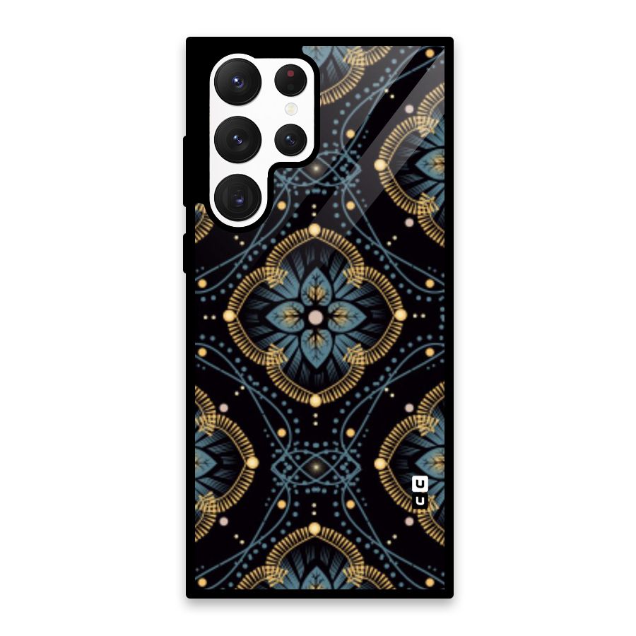 Blue With Black Flower Glass Back Case for Galaxy S22 Ultra 5G