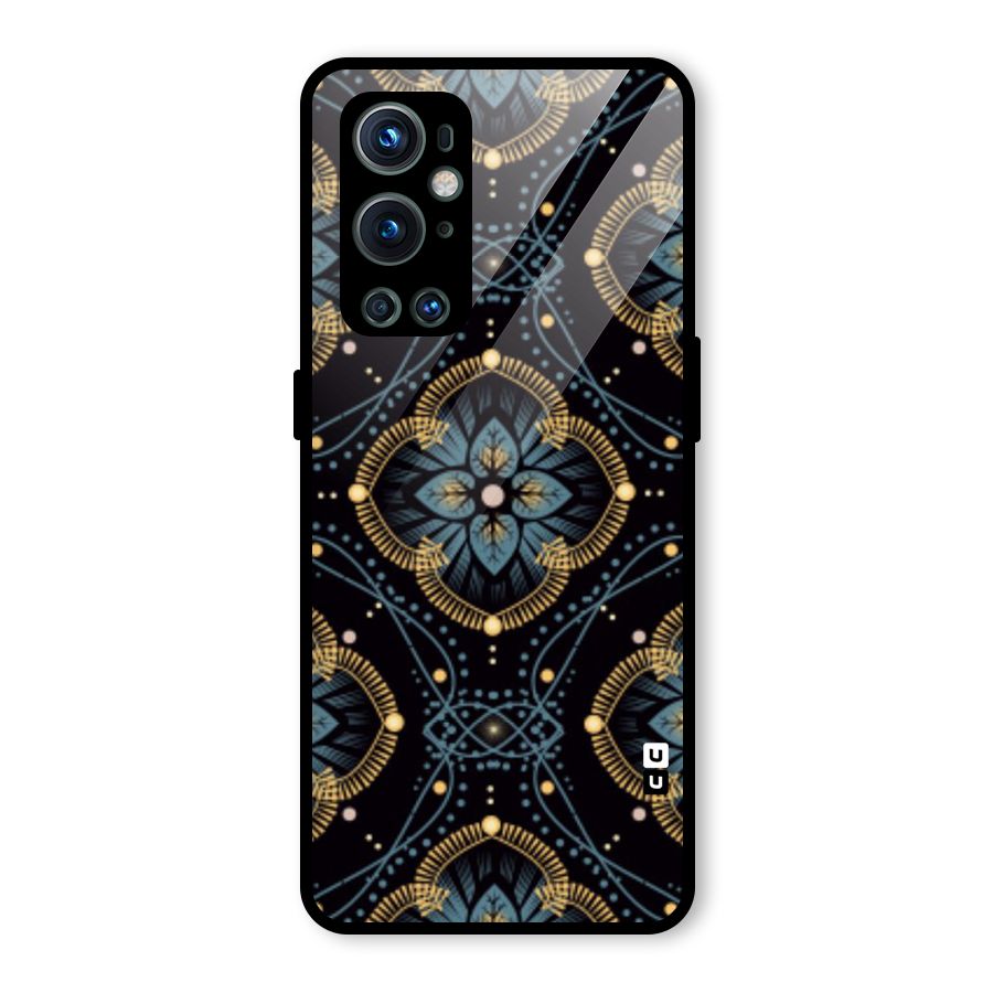 Blue With Black Flower Glass Back Case for OnePlus 9 Pro