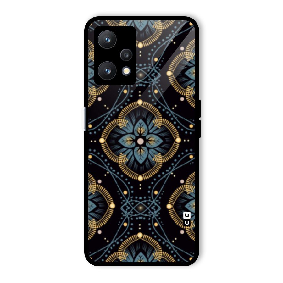 Blue With Black Flower Glass Back Case for Realme 9 Pro 5G